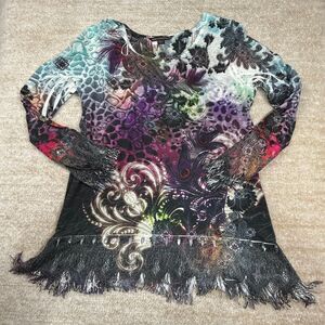 Sienna Rose Top Womens L Multicolor Long Sleeve Boho Fringe Hem Peacock Print